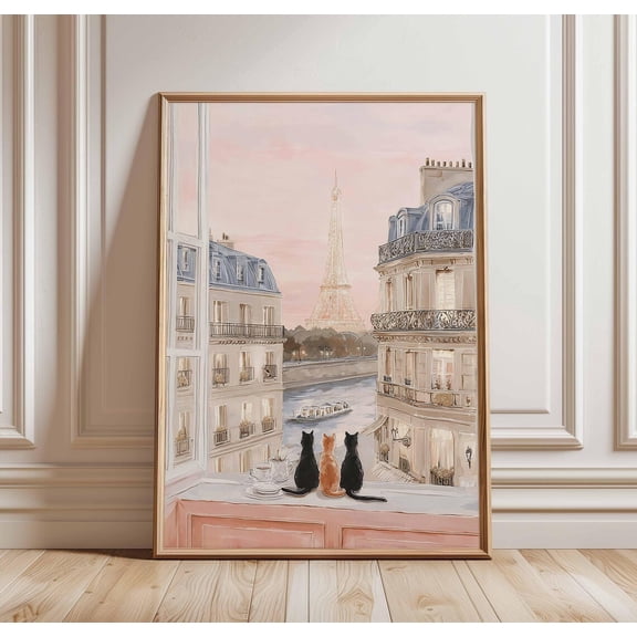 Paris Cats Eiffel Tower Balcony View Romantic French Window Decor Unframed Paper Print