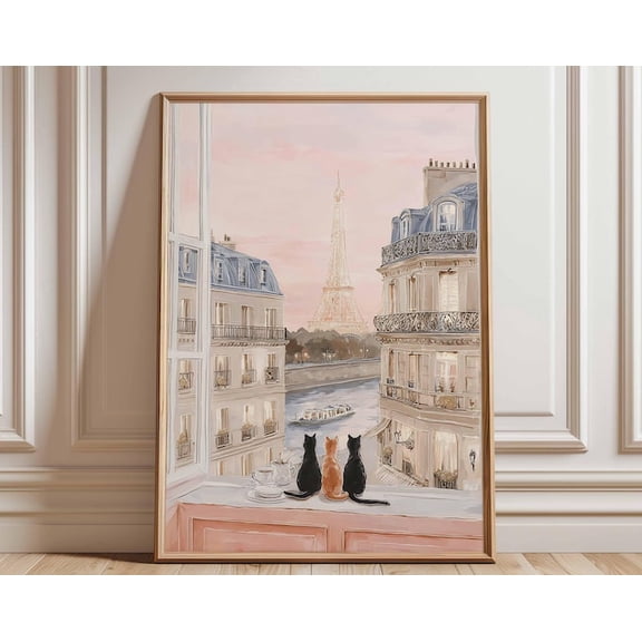 Paris Cats Eiffel Tower Balcony Wall Art Print, Unframed Paper Poster 24x36in