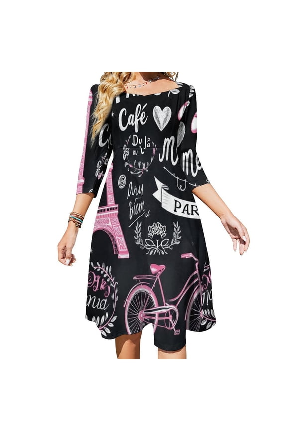 Paris Chalkboard Print Fabric-1 Women's 3/4 Sleeve Dresses Elegant A-Line Midi Dress Flare Summer Casual Sundress