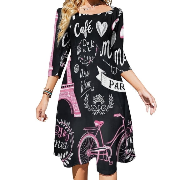 Paris Chalkboard Print Fabric-1 Womens Summer Dress Tie Back A Line Flare Dress