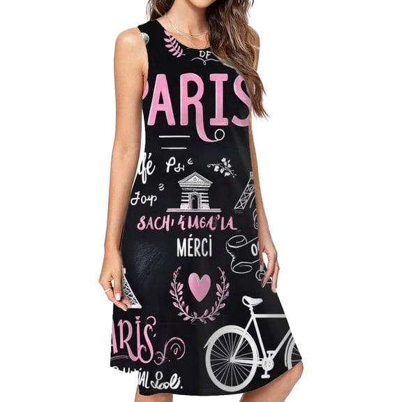 Paris Chalkboard Print Fabric Casual Sleeveless Loose Sundress Dress For Women Summer Dress Daily Woman