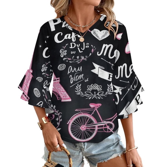 Paris Chalkboard Print Fabric Women's V-Neck Blouse With 3/4 Ruffled Bell Sleeves Casual Top Ladies Blouses