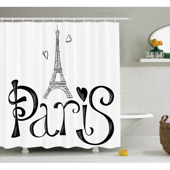 Paris City Decor Shower Curtain Set, Illustration With Eiffel Tower France Heart Shapes Silhouette Decorative Vacation Art , Bathroom Accessories, 69W X 70L Inches, By Ambesonne