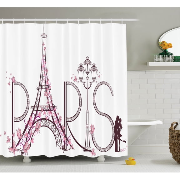 Paris City Decor Shower Curtain Set, Tower Eiffel With Paris Lettering Illustration Couple Trip Flowers Floral Artful Design, Bathroom Accessories, 69W X 70L Inches, By Ambesonne