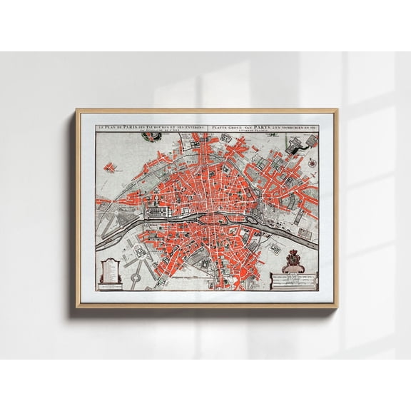 Paris City Map, Vintage Map of Paris Poster, Paris Wall Art , History Buff Gifts, Antique Paris Travel Map Art, Old Historical Map, Stretched Canvas Size 12x18