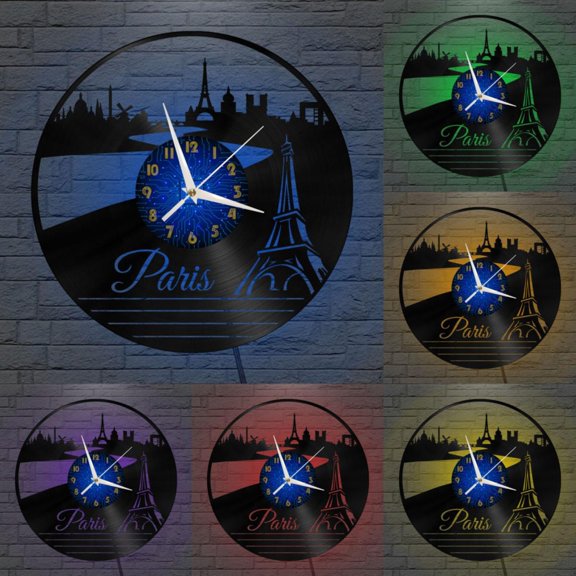 Paris City​View 12 Inch Vinyl Record Wall Clock - Silent, Creative, and Unique Clock for Living Room, Entryway, or Bedroom Decor - Perfect Gift Idea(12 inchs B with LED)