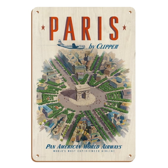 Paris by Clipper - Arc de Triomphe (Arch of Triumph) France - Pan American World Airways PAN AM - Vintage Airline Travel Poster c.1951 - 8 x 12 inch Vintage Wood Art Sign
