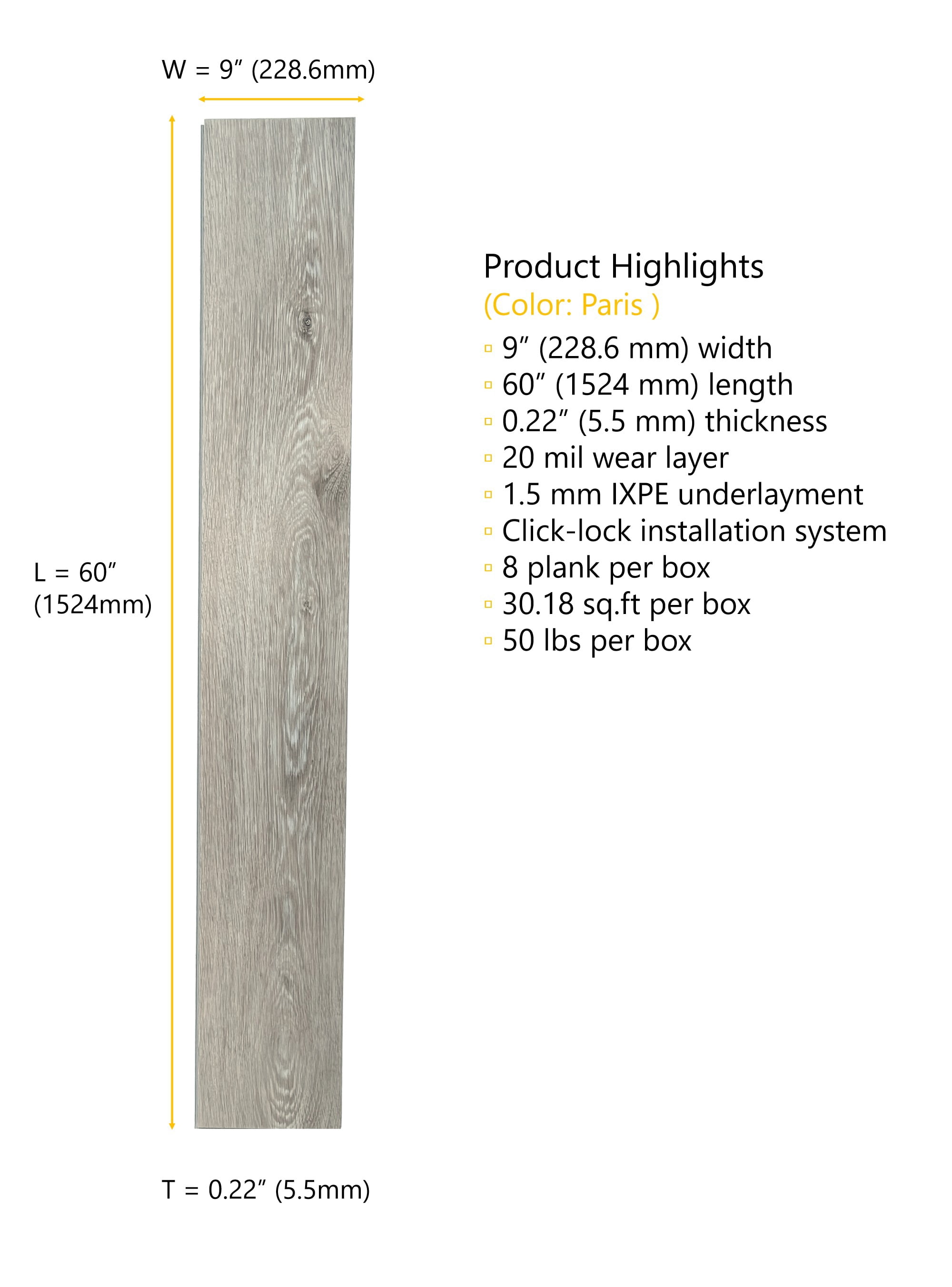 Paris (Coastal Gray) 20 MIL Wear Layer 5.5mm Thick x 9 in. W x 60 in. L Click Lock Waterproof Luxury Vinyl Plank Flooring with IXPE (30.18 sqft/case)