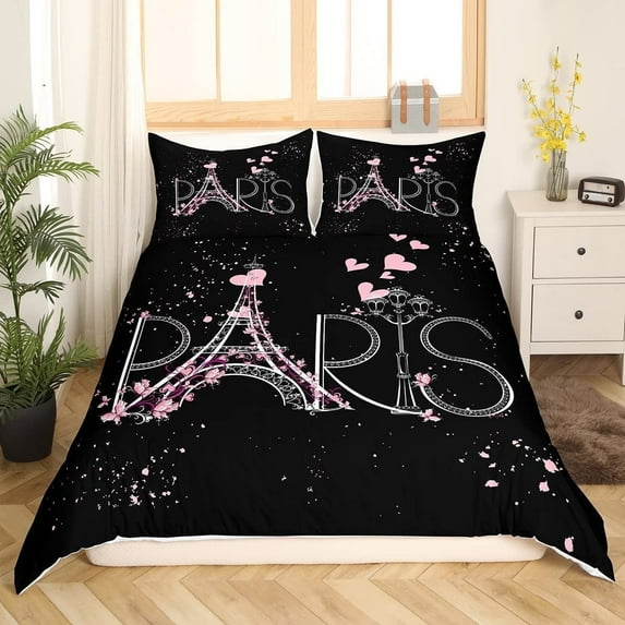 Paris Comforter Cover Set Full Size Eiffel Tower Bedding Set Black and Pink Chic Paris Bedroom Decor Duvet Cover Teens Women Romantic Modern French Bedspread Cover (No Comforter)