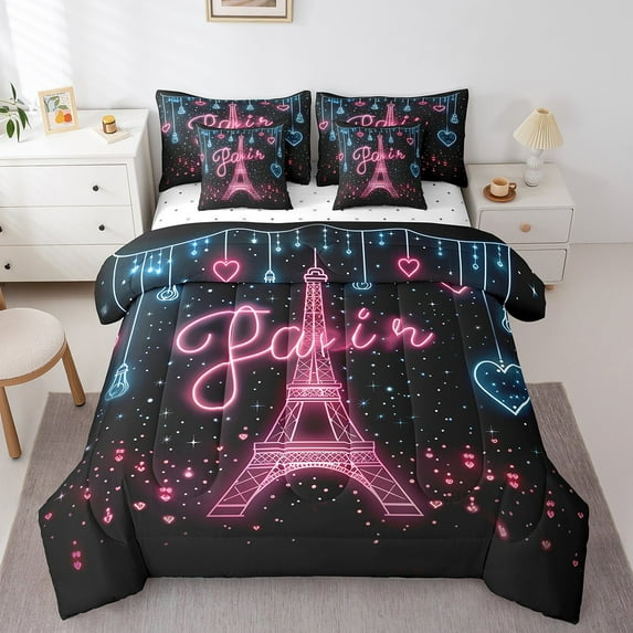 Paris Comforter Set 7 Piece Bed in a Bag Twin,Eiffel Tower Bedding Sets Glitter Diamond Hearts Romantic France Sheet Set with Comforter,City Building Room Decor