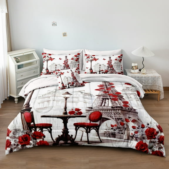 Paris Comforter Set 8 Pcs Red Rose Bedding Set Eiffel Tower Retro France Comforter Red Butterfly Romantic French Bed Comforter Bed in A Bag