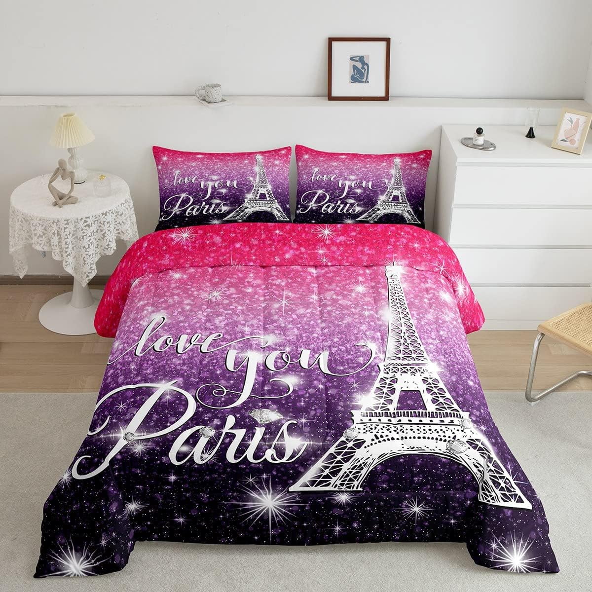 Paris Comforter Set Twin Size Kids Eiffel Tower Duvet Insert Sparkle