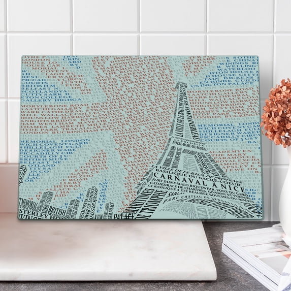 Paris Cutting Board, Art Themed Creative Design Eiffel Tower on Union Jack Created with Lettering Print, Decorative Tempered Glass Cutting and Serving Board, in 3 Sizes, by Ambesonne