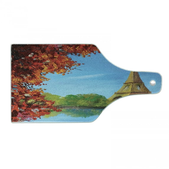 Paris Cutting Board, Autumn Eiffel Tower France European Design Oil Paintign Fine Art Illustration, Decorative Tempered Glass Cutting and Serving Board, in 3 Sizes, by Ambesonne