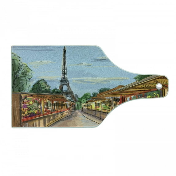 Paris Cutting Board, Colorful Sketchy Painted Illustration of France City Street Trading Eiffel Tower, Decorative Tempered Glass Cutting and Serving Board, in 3 Sizes, by Ambesonne