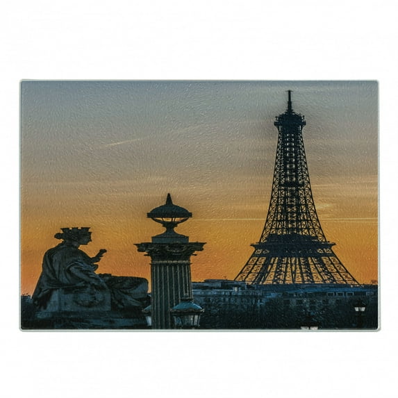 Paris Cutting Board, Historic France European Photo on Ombre Sunset Sky Sculpture and Eiffel Tower, Decorative Tempered Glass Cutting and Serving Board, in 3 Sizes, by Ambesonne