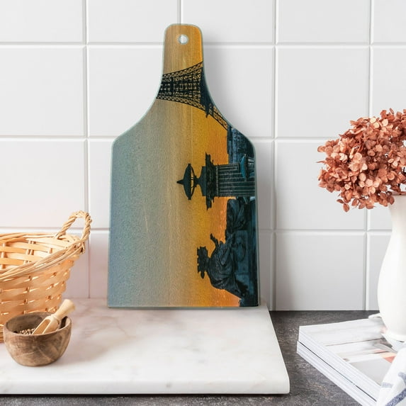 Paris Cutting Board, Historic France European Photo on Ombre Sunset Sky Sculpture and Eiffel Tower, Decorative Tempered Glass Cutting and Serving Board, in 3 Sizes, by Ambesonne
