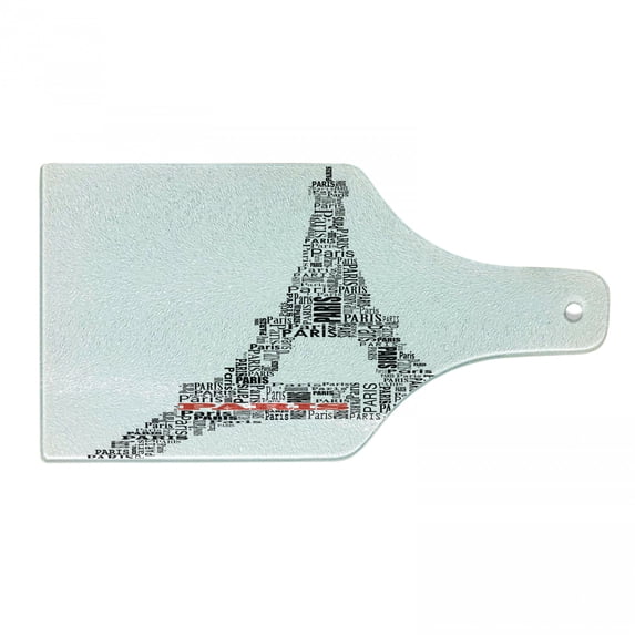 Paris Cutting Board, Illustration of Tour Eiffel Words Historical Cultural French Building Monochrome, Tempered Glass Cutting and Serving Board, Wine Bottle Shape, Black White, by Ambesonne