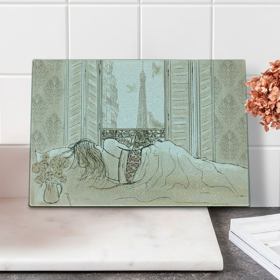 Paris Cutting Board, Parisian Woman Sleeping with the View of Eiffiel Tower from Window Romance Skecthy Modern, Decorative Tempered Glass Cutting and Serving Board, Small Size, Cream, by Ambesonne