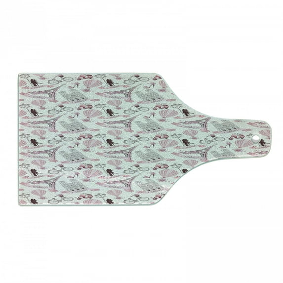 Paris Cutting Board, Valentines Day Theme with Eiffel Kissing Couple Hot Air Balloon Wedding Concept, Tempered Glass Cutting and Serving Board, Wine Bottle Shape, Pale Pink Rose, by Ambesonne