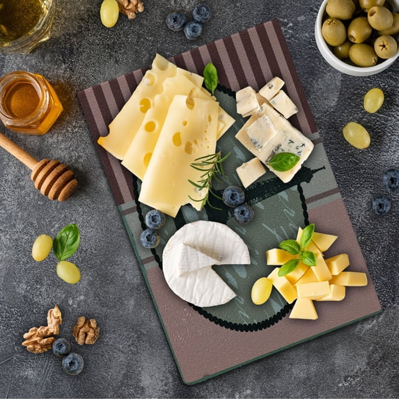 Paris Cutting Board, Vintage Style Design Eiffel Tower Silhouette on Stripes and Plain Background, Decorative Tempered Glass Cutting and Serving Board, in 3 Sizes, by Ambesonne