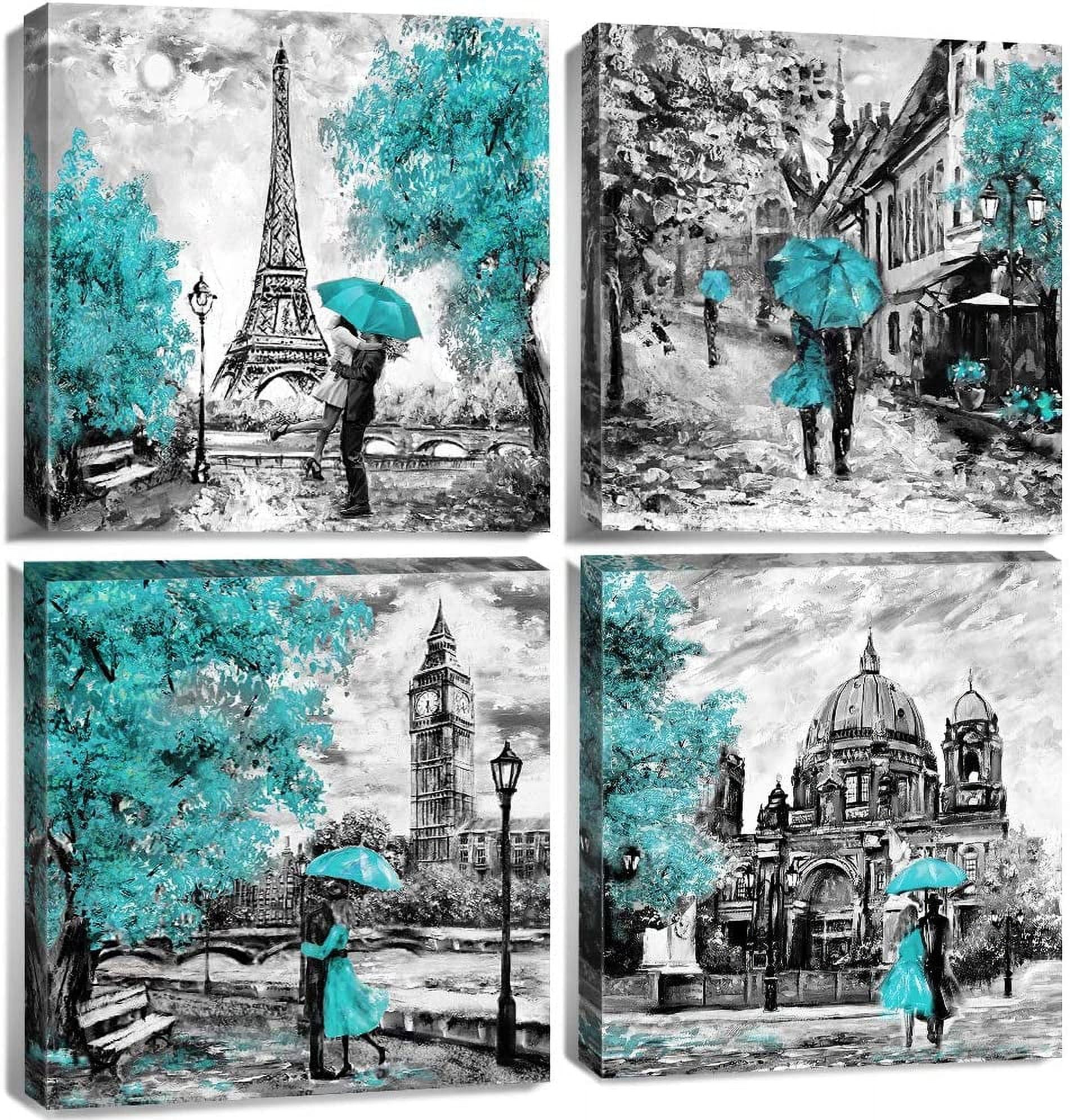 Paris Decor for Bedroom Teal Eiffel Tower Wall Decor Abstract Couples with  Umbrella Posters Bathroom Pictures Romantic City Painting Black and White Canvas  Wall Art Living Room 12x12