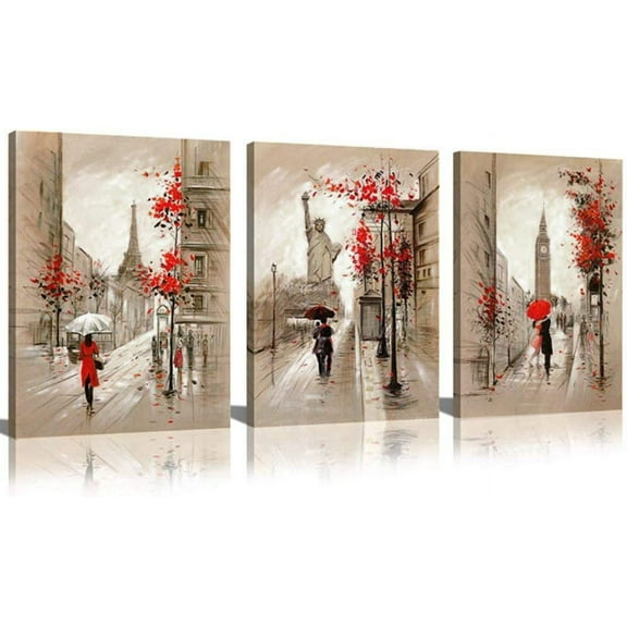 Paris Decor Canvas Prints Paris Street Painting Eiffel Tower Oil Painting Romantic Couple Walking in Rain New York Wall Art for Living Room Decoration