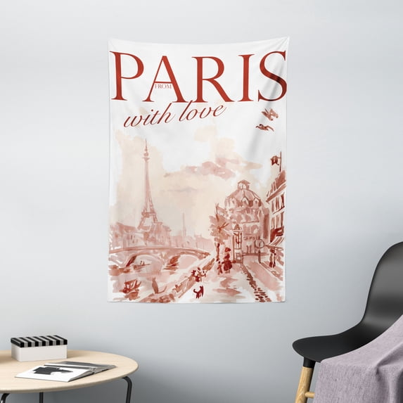 Paris Decor Wall Hanging Tapestry, Vintage Watercolor Style Paris Illustration with Tour D'Eiffel and Old Streets Artistic Image, Bedroom Living Room Dorm Accessories, 40 X 60 Inches, by Ambesonne
