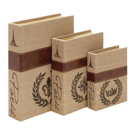 Paris Decorative Book Boxes Set Vintage Boho Linen Storage Keepsake Boxes with Eiffel Tower Fleur-de-Lis & Crown Print, Fake Book Shaped Boxes for Shelf Coffee Table Living Room Decor