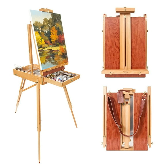 Creative Mark Paris Deluxe French Easel - Portable Canvas Stand for Painting, Watercolor Supplies, Beech Wood, Chrome Lined, Leather Strap, Holds 32" Canvas, Includes Palette