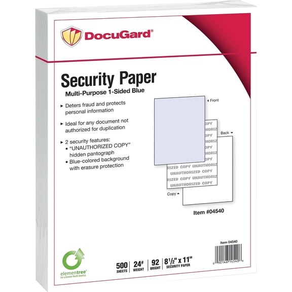 Paris DocuGard Standard 8.5" x 11" Security Paper 24 lbs. Blue 500 Sheets/Ream 2500/Carton (04540)