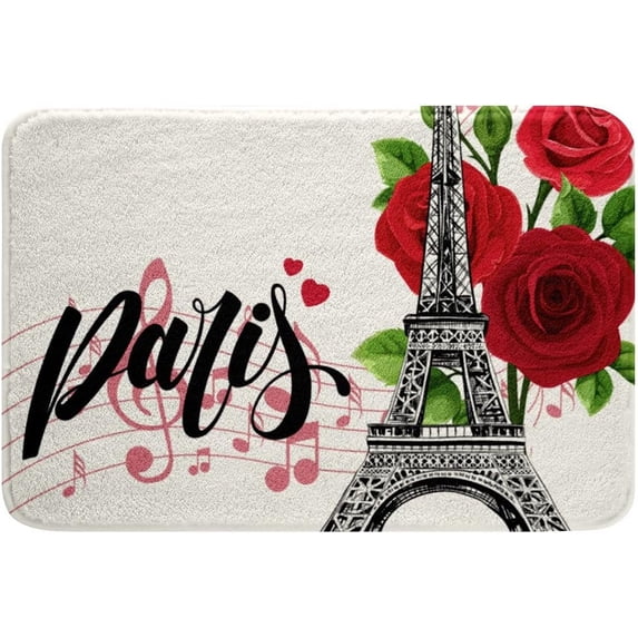 Paris Door Mat Bright Rose Flower Non Slip Bath Mat Sketch Eiffel Tower Bathroom Rug Musical Note Romantic Carpet for Girls Teen Women Paris Theme Bedroom Decor Plush Carpet Red 16x24 Inch