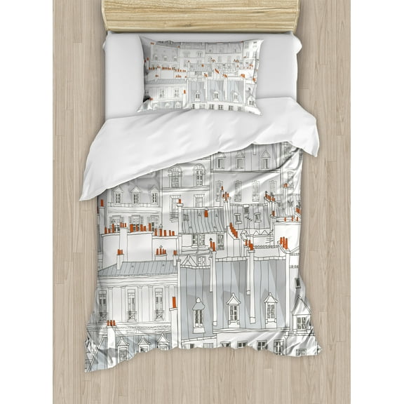 Paris Duvet Cover Set, Aerial View Illustration of Roofs Attics of Paris City European Buildings, Decorative 2 Piece Bedding Set with 1 Pillow Shams, Twin Size, Pale Grey Orange White, by Ambesonne