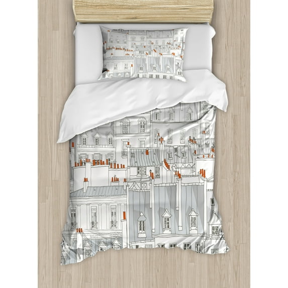 Paris Duvet Cover Set, Aerial View Illustration of Roofs Attics of Paris City European Buildings, Decorative 2 Piece Bedding Set with 1 Pillow Shams, Twin Size, Pale Grey Orange White, by Ambesonne