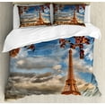 thumbnail image 1 of Paris Duvet Cover Set, Eiffel Tower in Autumn Season Fall Leaves and Cloudy Sky, Decorative 3 Piece Bedding Set with 2 Pillow Shams, Calking Size, Burnt Sienna Multicolor, by Ambesonne, 1 of 3