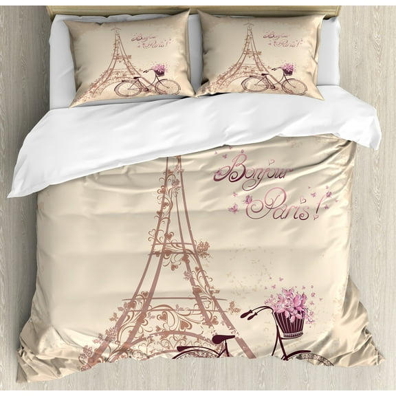 Paris Duvet Cover Set, Eiffel Tower Floral Style Romantic Vintage Bike with Flowers Bonjour Paris Words Print, Decorative 3 Piece Bedding Set with 2 Pillow Shams, Calking Size, Beige, by Ambesonne