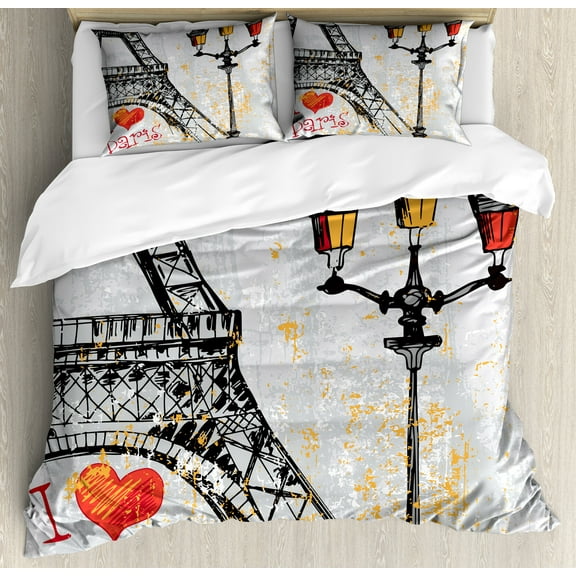 Paris Duvet Cover Set, Grunge Illustration of Eiffel Tower with European Lifestyle Culture Art, Decorative 3 Piece Bedding Set with 2 Pillow Shams, Calking Size, Yellow Black and Red, by Ambesonne