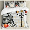 thumbnail image 1 of Paris Duvet Cover Set, Grunge Illustration of Eiffel Tower with European Lifestyle Culture Art, Decorative 3 Piece Bedding Set with 2 Pillow Shams, King Size, Yellow Black and Red, by Ambesonne, 1 of 3