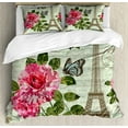 thumbnail image 1 of Paris Duvet Cover Set King Size, Shabby Chic Romantic Roses Flowers Leaves with Eiffel Tower and Abstract Lettering, Decorative 3 Piece Bedding Set with 2 Pillow Shams, Multicolor, by Ambesonne, 1 of 3