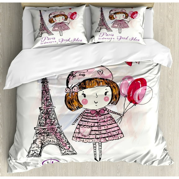 Paris Duvet Cover Set, Little Girl Holding Balloons Hearts a Cloud and Eiffel Tower Illustration, Decorative 3 Piece Bedding Set with 2 Pillow Shams, Calking Size, Pale Pink Purple White, by Ambesonne
