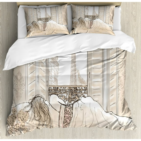 Paris Duvet Cover Set, Parisian Woman Sleeping with the View of Eiffiel Tower from Window Romance Skecthy Modern, Decorative 3 Piece Bedding Set with 2 Pillow Shams, King Size, Cream, by Ambesonne