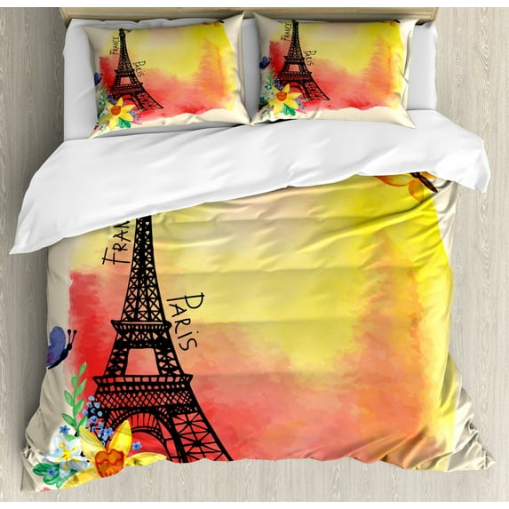 Paris Duvet Cover Set Queen Size, Romantic Floral Watercolor Image Eiffel with Butterfly Historical French Heritage Art, Decorative 3 Piece Bedding Set with 2 Pillow Shams, Multicolor, by Ambesonne