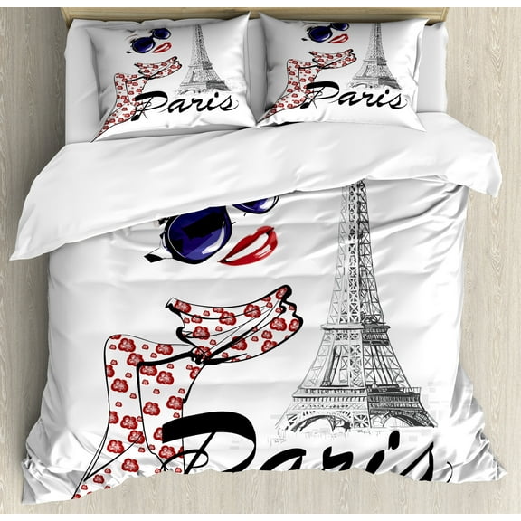 Paris Duvet Cover Set, Sketchy Image of a Woman Smiling with Scarf and Landmark Eiffel Tower, Decorative 3 Piece Bedding Set with 2 Pillow Shams, Queen Size, Dark Blue White, by Ambesonne