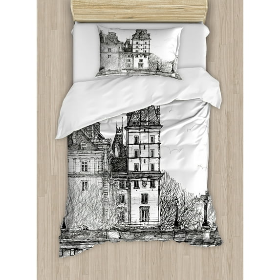 Paris Duvet Cover Set Twin Size, View from the Pont Neuf Historical French Landmark Urban Architecture Drawing, Decorative 2 Piece Bedding Set with 1 Pillow Sham, Black and White, by Ambesonne