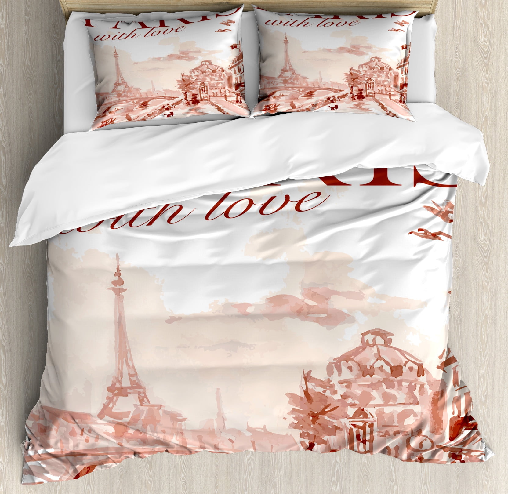 Paris Pink Watercolor King Duvet Cover Set with Pillow Shams
