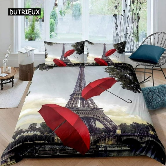 Paris Duvet Cover Vintage Eiffel Tower Red Umbrella Soft Breathable Paris Bedding Set Microfiber Dou