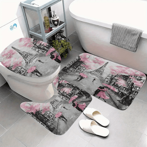 Paris Eiffel Tower 3-Piece Bath Rug Set, Non-Slip Polyester Bathroom Mats, Pink Cherry Blossom Washable Low-Pile Rugs with Toilet Lid Cover & U-Shaped Mat for Romantic Valentine's Day Bathroom Decor