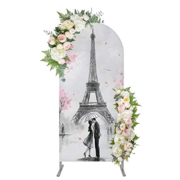 Paris Eiffel Tower Arch Backdrop Cover 4FT, Sweet Couple Romantic Pink Cherry Blossom Spandex Fitted Stretchy Arch Stand Covers, Round Top Chiara Backdrop Cover for Wedding Party Birthday Baby Shower