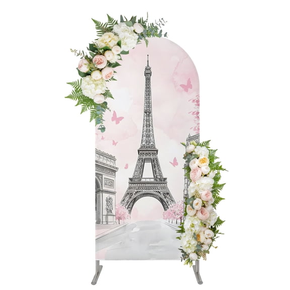 Paris Eiffel Tower Arch Backdrop Cover 5FT, Pink Cherry Blossom Romantic Flowers Spandex Fitted Stretchy Arch Stand Covers, Round Top Chiara Backdrop Cover for Wedding Party Birthday Baby Shower