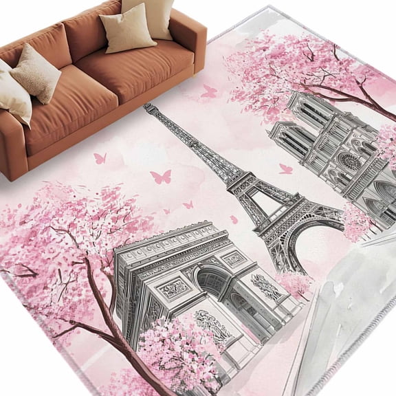 Paris Eiffel Tower Area Rug 5x8 Washable Rug Non Slip Pink Cherry Blossom Romantic Flowers Large Area Rug Soft Stainresistant Indoor Carpet for Living Room Bedroom Home Office Dining Room Nursery